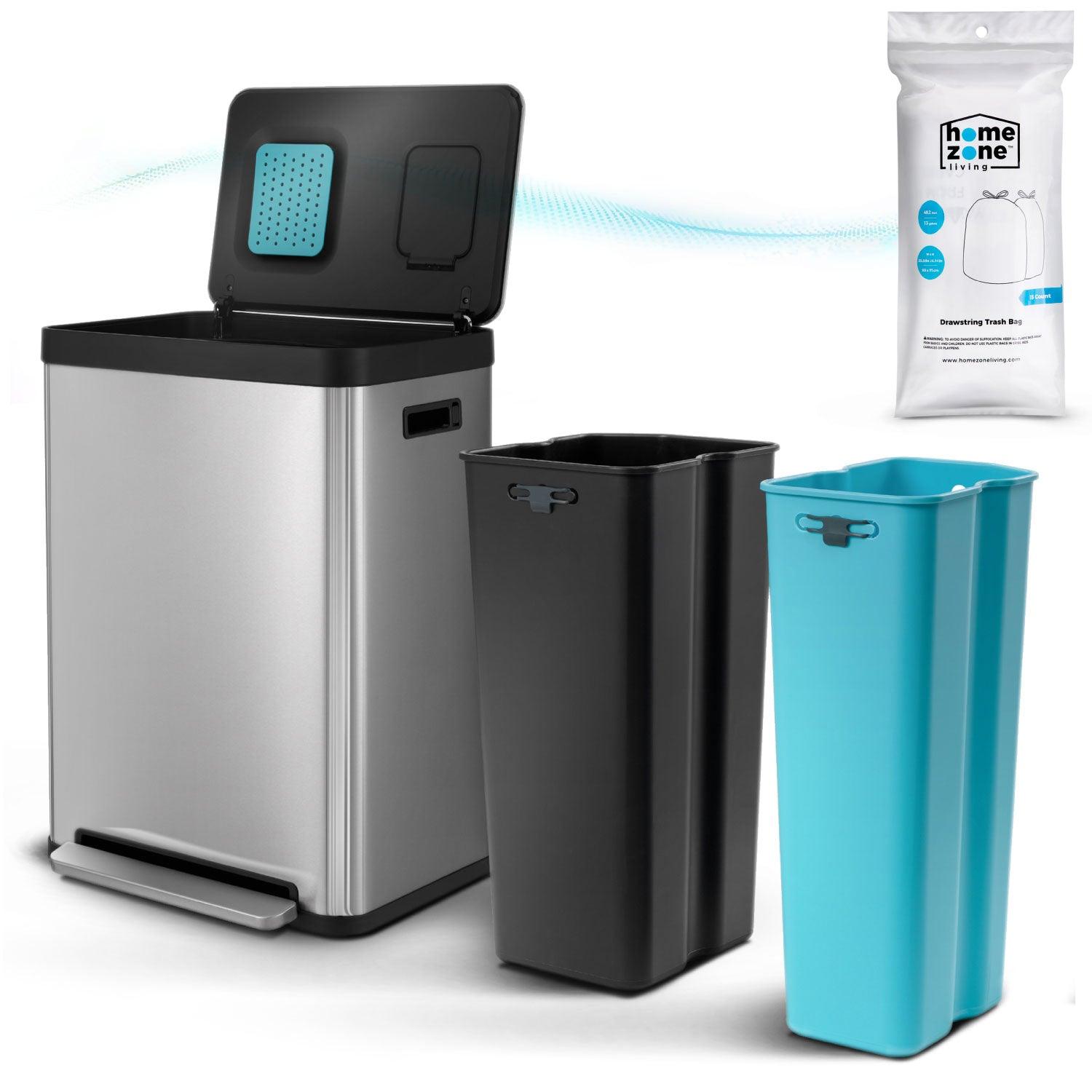 18.5 Gallon Dual Trash Can with CLEANAURA, 70 Liter Total Capacity - Home Zone Living