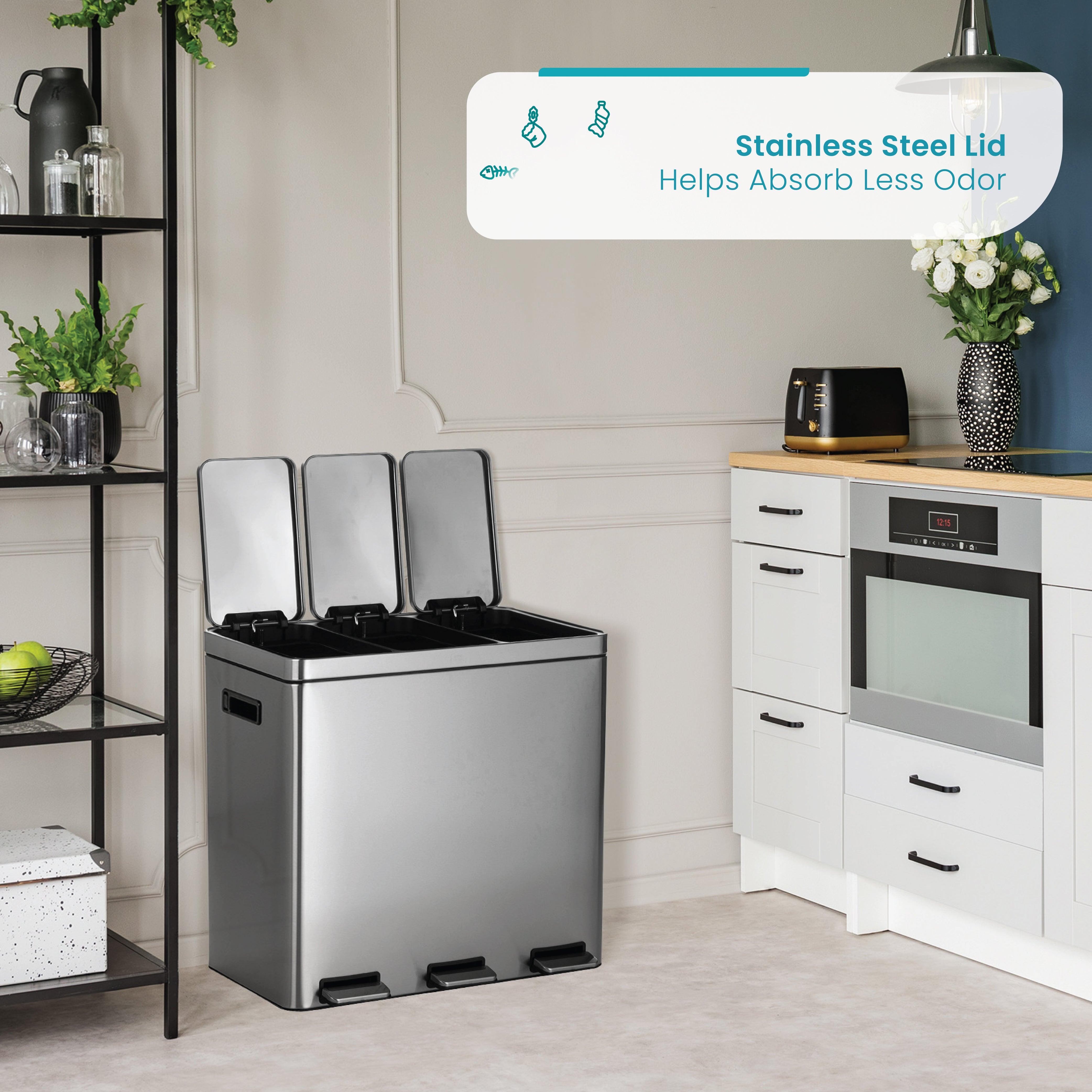 16 Gallon Kitchen Trash Can with 3 Compartments for 60 Liter Total Capacity - Home Zone Living