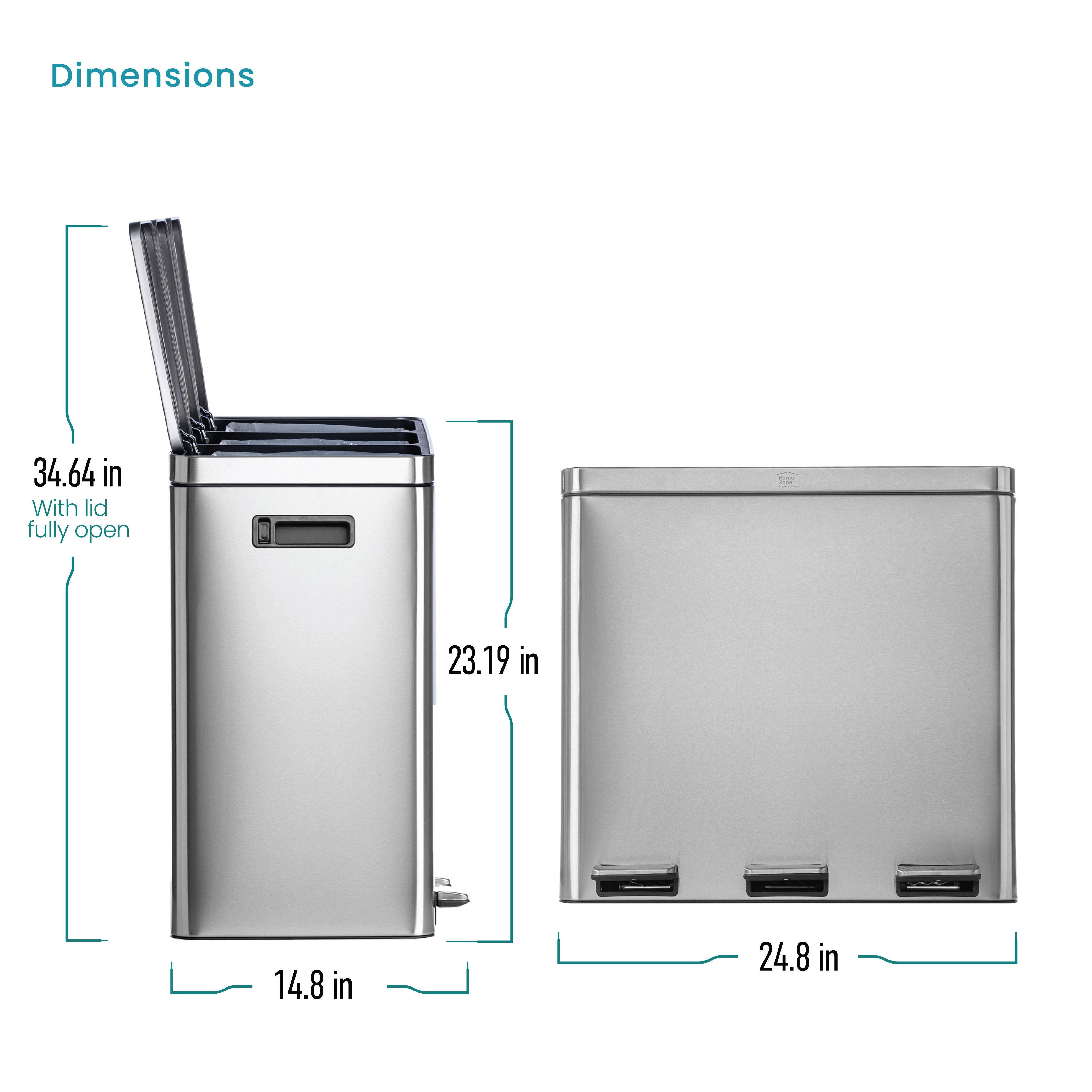 16 Gallon Kitchen Trash Can with 3 Compartments for 60 Liter Total Capacity - Home Zone Living