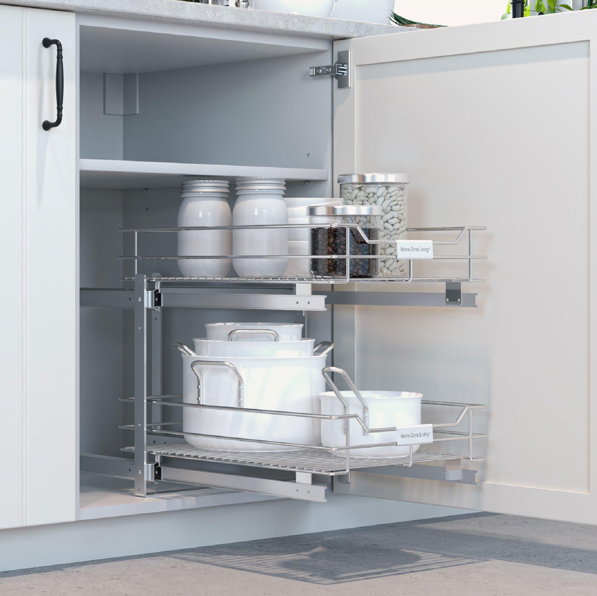 2-Tier Pull-Out Drawer Cabinet Organizer - 14” W x 20” D - Home Zone Living